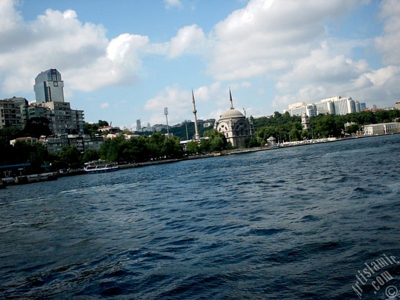 View of Kabatas coast and Valide Sultan Mosque from the Bosphorus in Istanbul city of Turkey.
