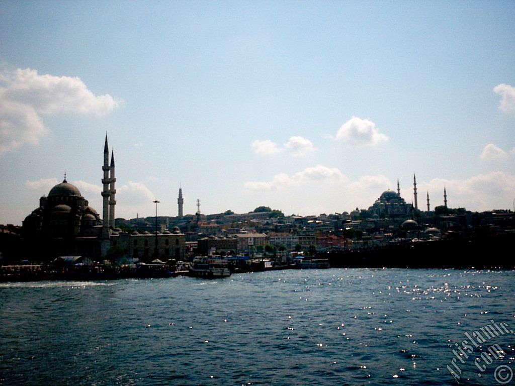 View of (from left) Yeni Cami (Mosque), Beyazit Tower, Egyptian Bazaar (Spice Market), Suleymaniye Mosque and (below) Rustem Pasha Mosque from the shore of Eminonu in Istanbul city of Turkey.
