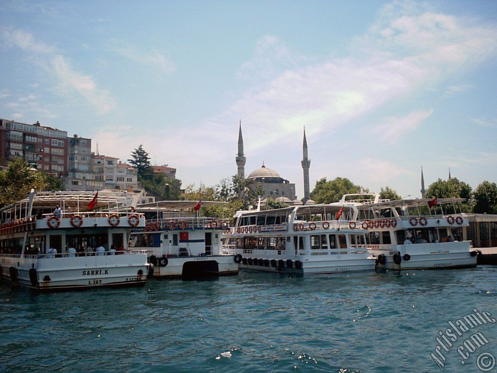 View of Uskudar coast and Mihrimah Sultan Mosque from the Bosphorus in Istanbul city of Turkey.
