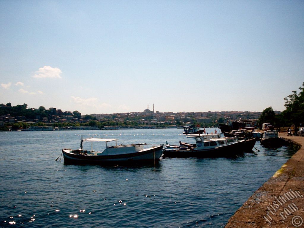 View of Sarachane coast and on the horizon Fatih Mosque from the shore of Karakoy-Persembe Pazari in Istanbul city of Turkey.
