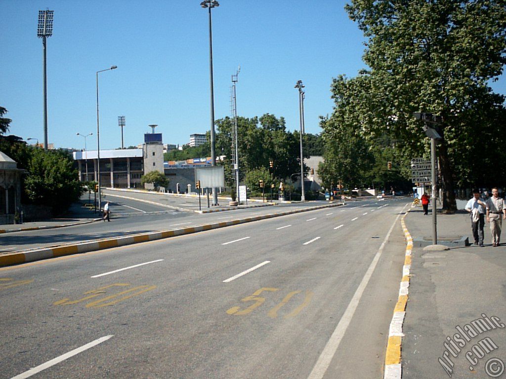 View of Dolmabahce-Besiktas way and footbal stadium in Dolmabahce district in Istanbul city of Turkey.
