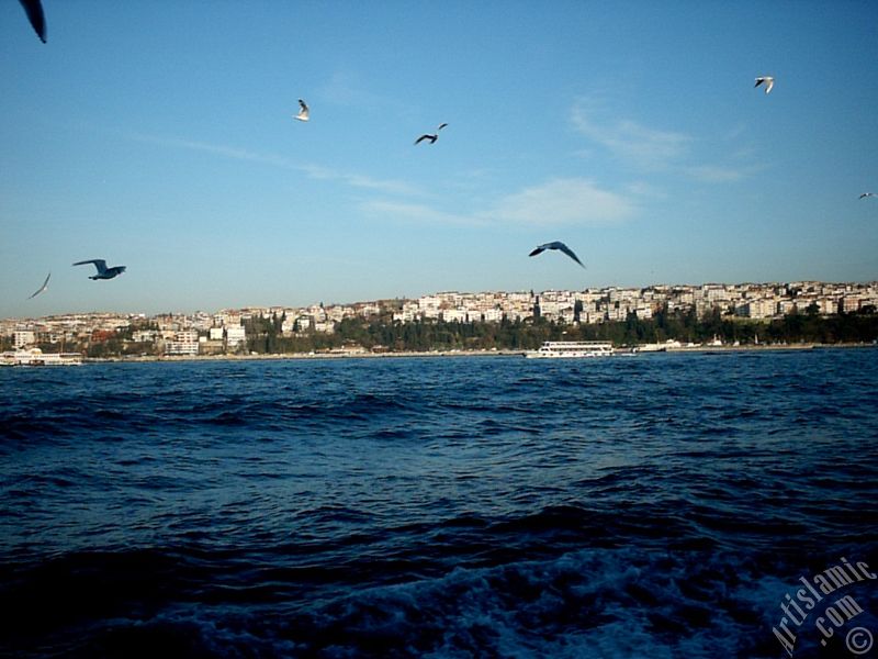 View of Uskudar-Harem coast from the Bosphorus in Istanbul city of Turkey.
