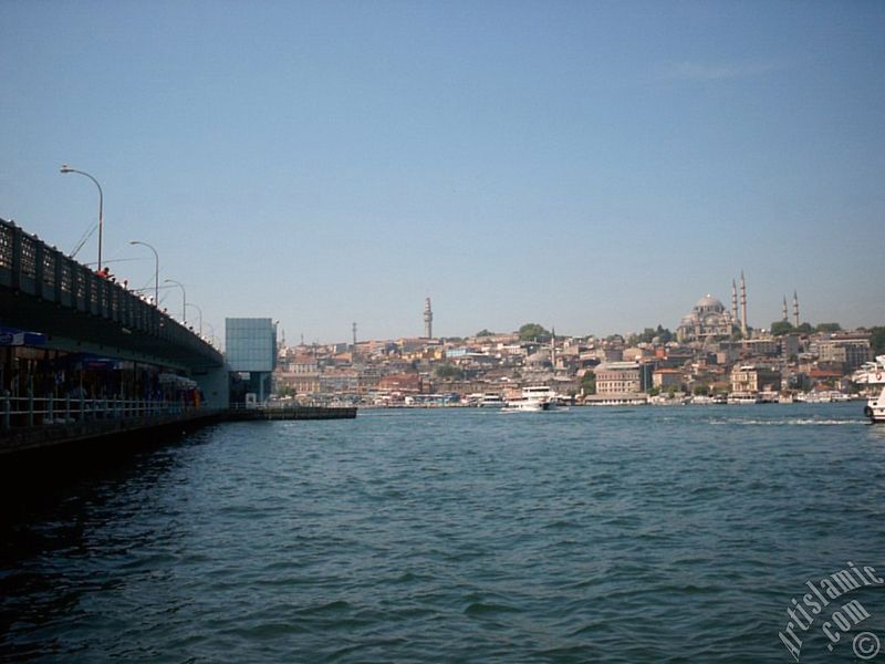 View of Eminonu coast, (from left) Galata Bridge, Beyazit Tower, (below) Rustem Pasha Mosque and (above) Suleymaniye Mosque from the shore of Karakoy-Persembe Pazari in Istanbul city of Turkey.
